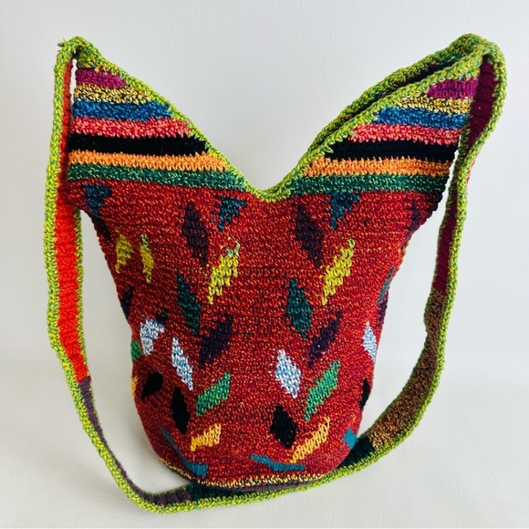 Shoulder Bucket Bag Red Crocheted Design Hippie Boho Purse Aztec Crossbody - Picture 6 of 12